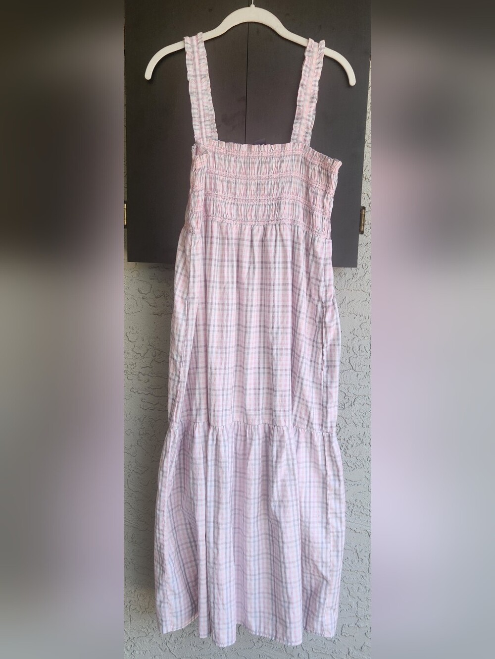 Women'd French Connection Pink and White Plaid Smocked Maxi Dress Size Medium